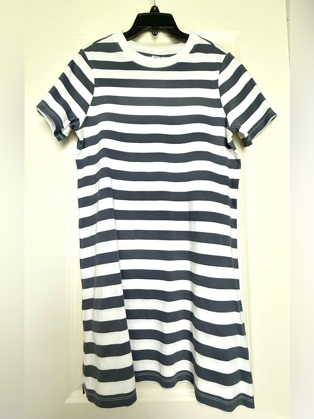 Women’s Dusty Blue and White Stripe T-Shirt Dress - Classic Casual